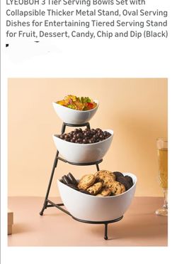 3 Tier Serving Bowls Set with Collapsible Thicker Metal Stand, Oval Serving Dishes for Entertaining Tiered Serving Stand for Fruit, Dessert, Candy, Ch