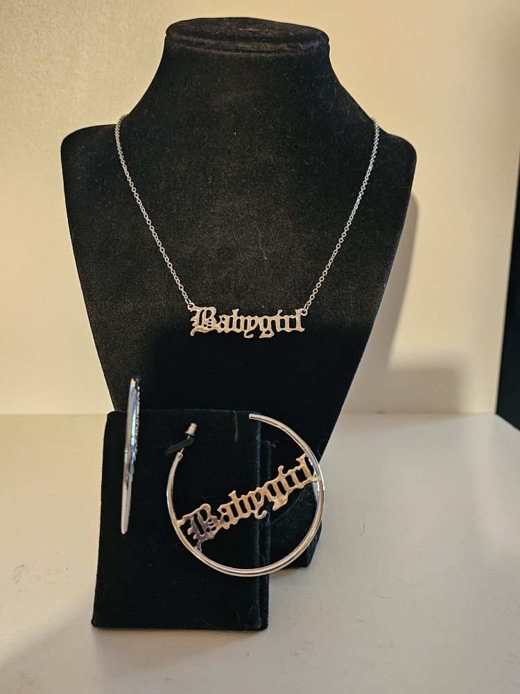 New Silver Babygirl Necklace And Earrings
