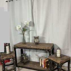 3 Piece Rustic Industrial Style Accent Tables / Entry Console With 2 Stools/ End Tables