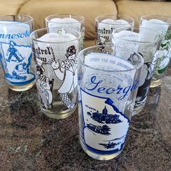 7 Vintage clear  8 OZ drinking glasses with sheet music and Cartoon  