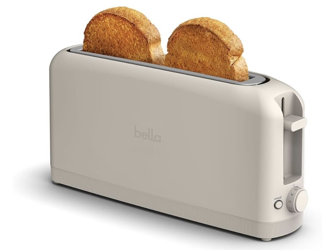 bella 2 Slice Slim Toaster, Fits-anywhere™ Kitchenware, 6 Setting Shade Control with Reheat & Cancel Buttons, Fits sourdough, 10” Long Slot, Anti Jam 