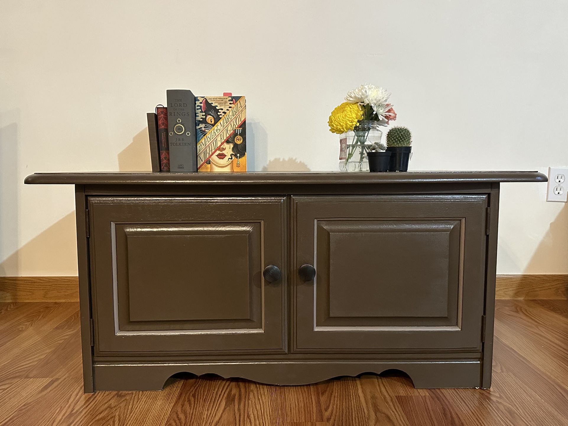 Minimal coffee table with cabinet storage. 