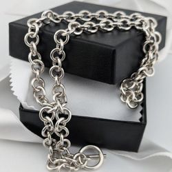 Vintage Sterling Silver 925 Large Heavy Round Link Cable Charm Toggle Heart Tag Necklace 