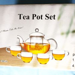 

Glass Tea Pot with 4 Tea Cups, Removable Infuser, For Blooming and Loose Leaf Tea,   

