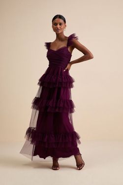 Lulus Pure Radiance Plum Purple Mesh Swiss Dot Tiered Maxi Dress Small S