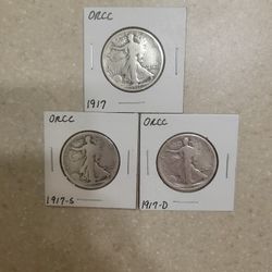 1917 P, S And D Walking Liberty Half Silver Dollars.  Better Dates 