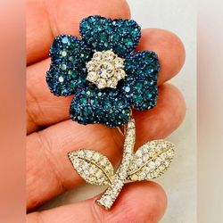 VTG Blue Clear Crystal Flower Brooch Pendant Gold Tone