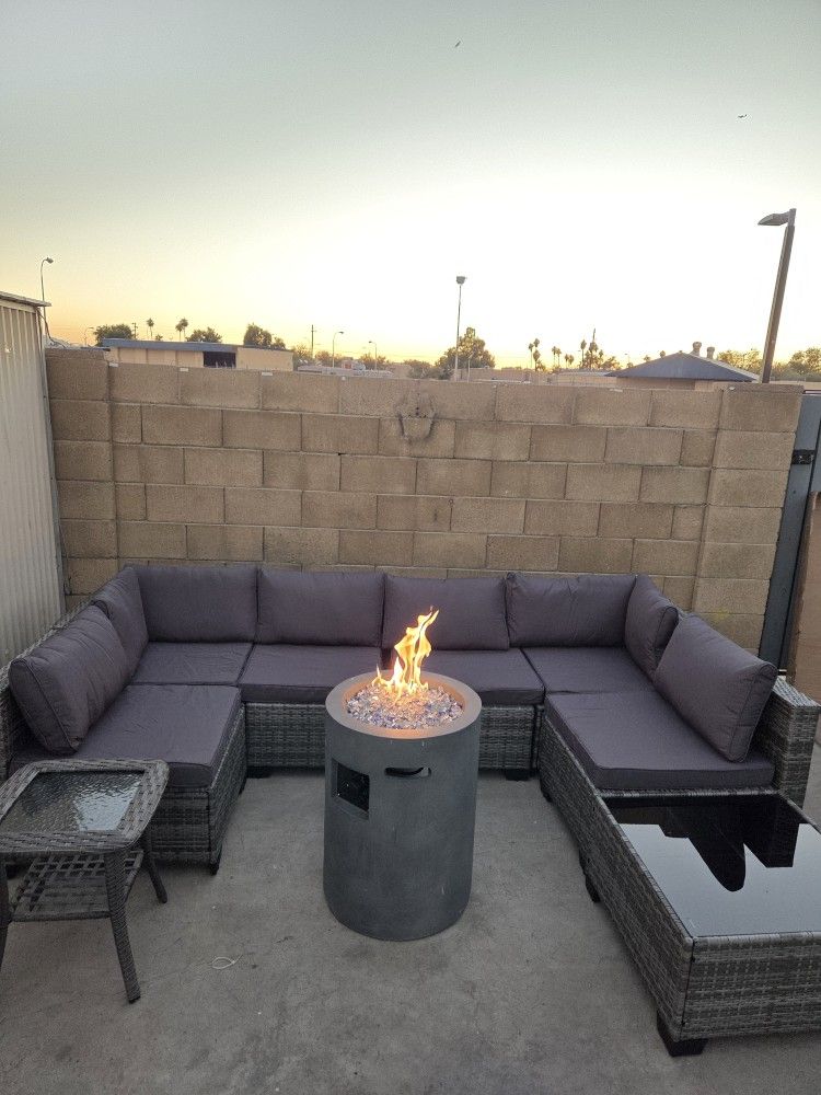 Patio Sectional Set With A Fire Pit Table
