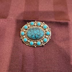 Vintage Signed Bell Nickel Silver Brooch Faux Turquoise 1.5" F12