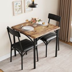 Dining Table Set, Kitchen Table and Chairs for 2, Metal and Wood Square Dining Room Table Set with 2 Upholstered Chairs, 3 Piece Dining Table Set for 