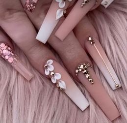 24 PCS Long Ballet Press On Nails with Glitter Gradient Design and Rhinestone Flower Pattern, Mixed Color System with Strobe Finishes /ncludes Jelly- 