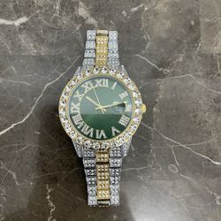25mm Stainless Steel 3 Bar, Round Green Face Luxury Business Watch with Hidden Push Button Clasp and Stones (Band can fit wrist up to 8.66”) 