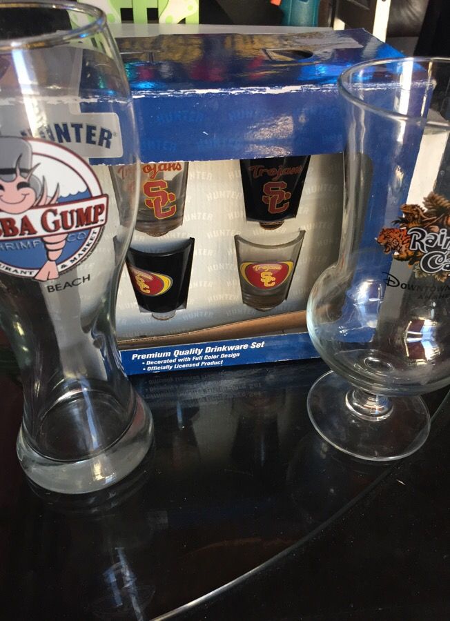 USC shots glasses Bubba Gump n Rain Forest Cafe collectible glasses