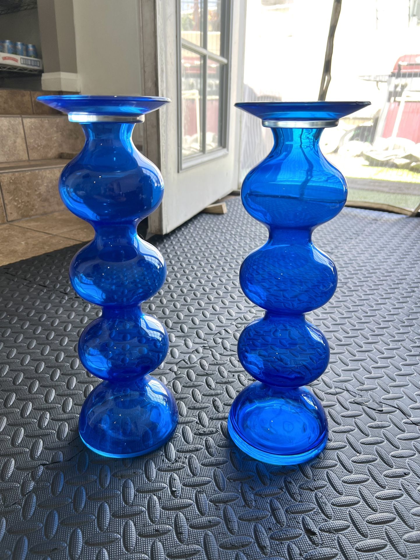 PAIR OF IKEA BLUE BUBBLE GLASS CANDLE PILLARS BY ANNE NILSSON