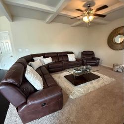 6- Piece Brown Leather Section + Recliner