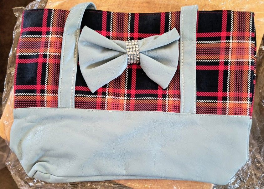 Red Plaid & Gray  Purse with Zipper, Bow & Inside Pocket Size 15"x 11" x 2"