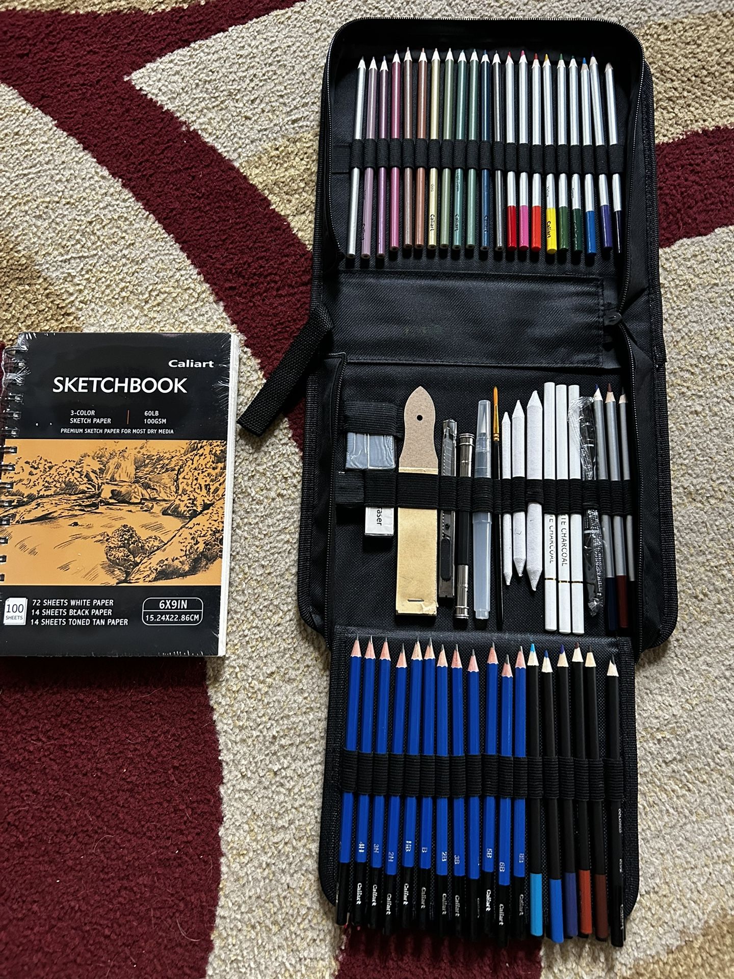Caliart 176PCS Art Supplies Sketching Kit With 100 Sheets 3-Color Sketch Book, Graphite Colored Charcoal Watercolor & Metallic Pencils, School Supplie