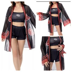 Anime Black W Red Kimono With Matching Top Open Front  Beach Coverup