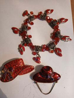 Vintage Red Hat Society jewelry bracelet brooch set