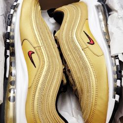 Size 10.5 Men's Nike Air Max 97 OG Gold Bullet Varsity Red DM0028-700.
