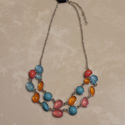 Silver Multicolored Beaded Statement Necklace 