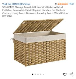 Storage Basket, 65L Laundry Basket with Lid, Foldable, Removable Fabric Bag and Handles, for Blankets, Clothes, Living Room, Bedroom, Laundry Room, Wo