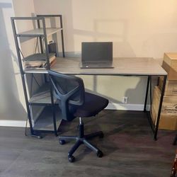 Desk with integrated shelf and office chair