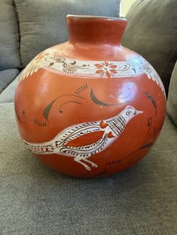 Hand-Painted Mexican Terracotta Folk Art Pottery Vase