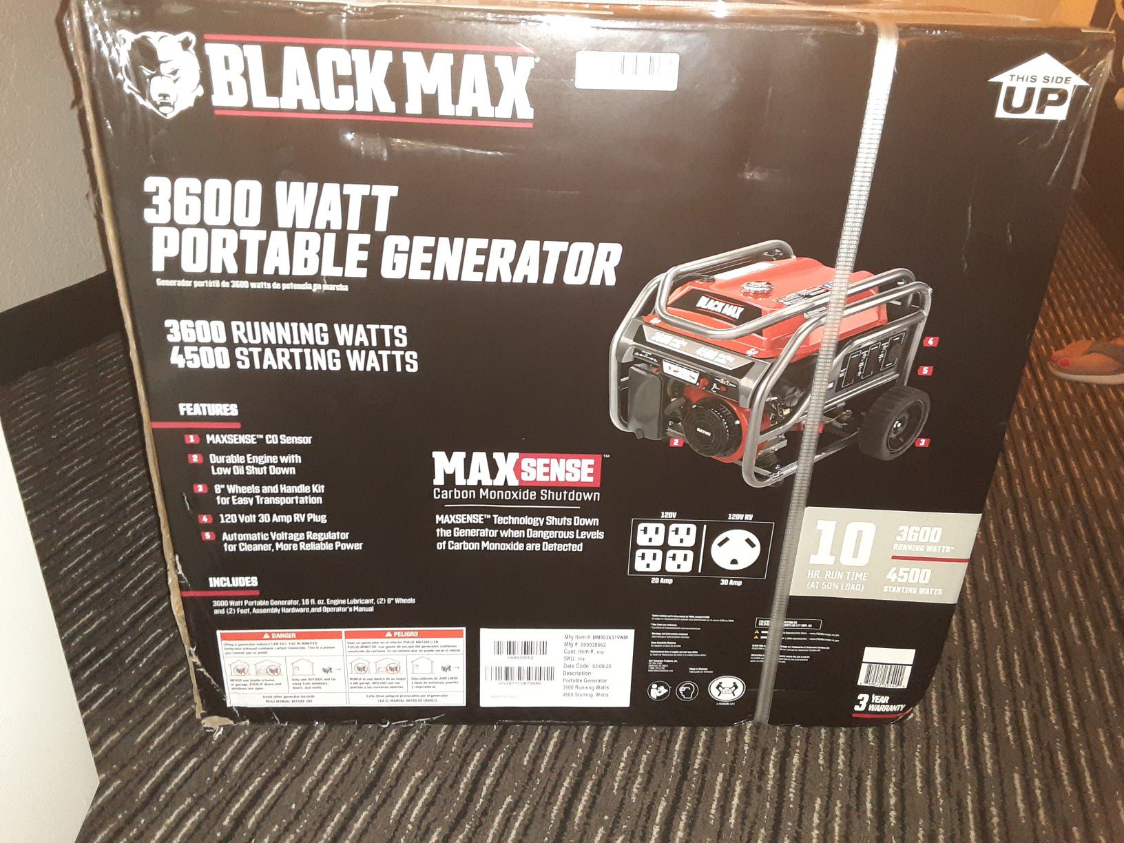 NEW BLACK MAX 3600 Watt Portable Generator MAXSense