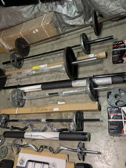 Weight set gym equipment barbells bench press Olympic weights standard plates arm curls bars * prices vary