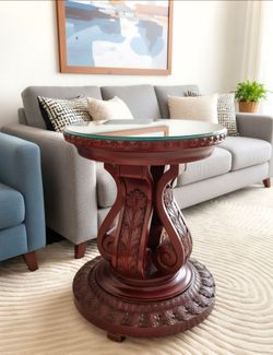 Ornate Carved Wood Pedestal Side Table with Glass Top