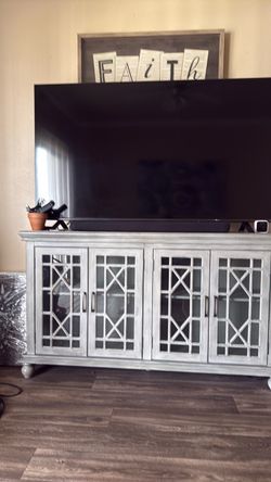 Gray Wood TV Console Cabinet with Glass Doors