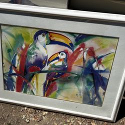 Vintage Birds Parrots Art Work Framed Art Unique 