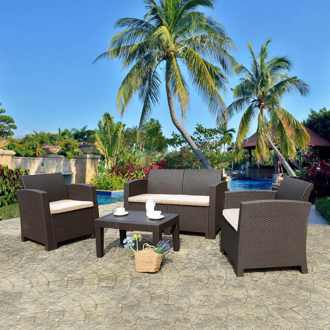 4 Pieces Patio Furniture Sets All Weather Outdoor Sectional Sofa Resin Plastic Wicker Pattern Patio