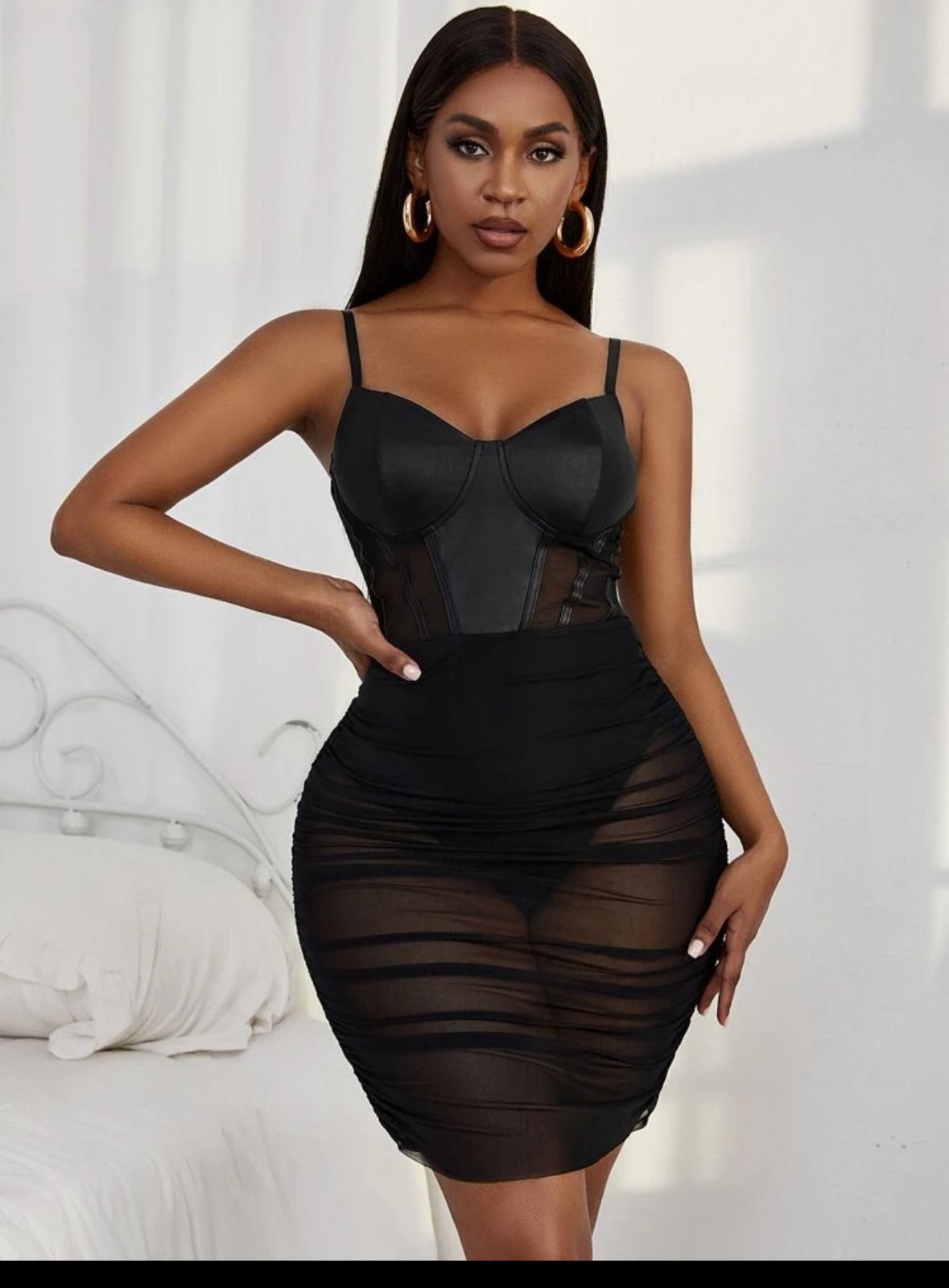 Elegant Black Mesh Corset Dress - Size Large