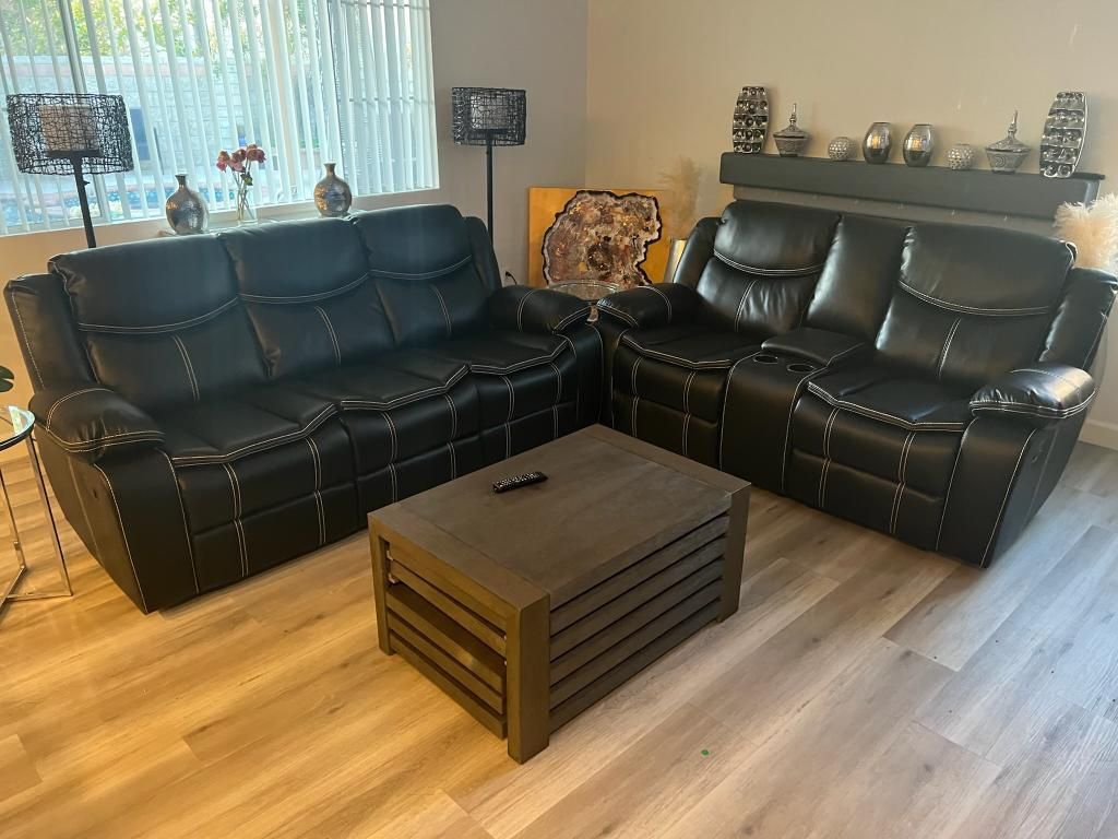 New Reclining Couch  / Love Seat .  Black Leather .  Double Stitched.  Free Delivery !
