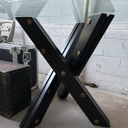 Restoration Hardware Round Glass Top Dining Table With Black And Gold Rivet Base 