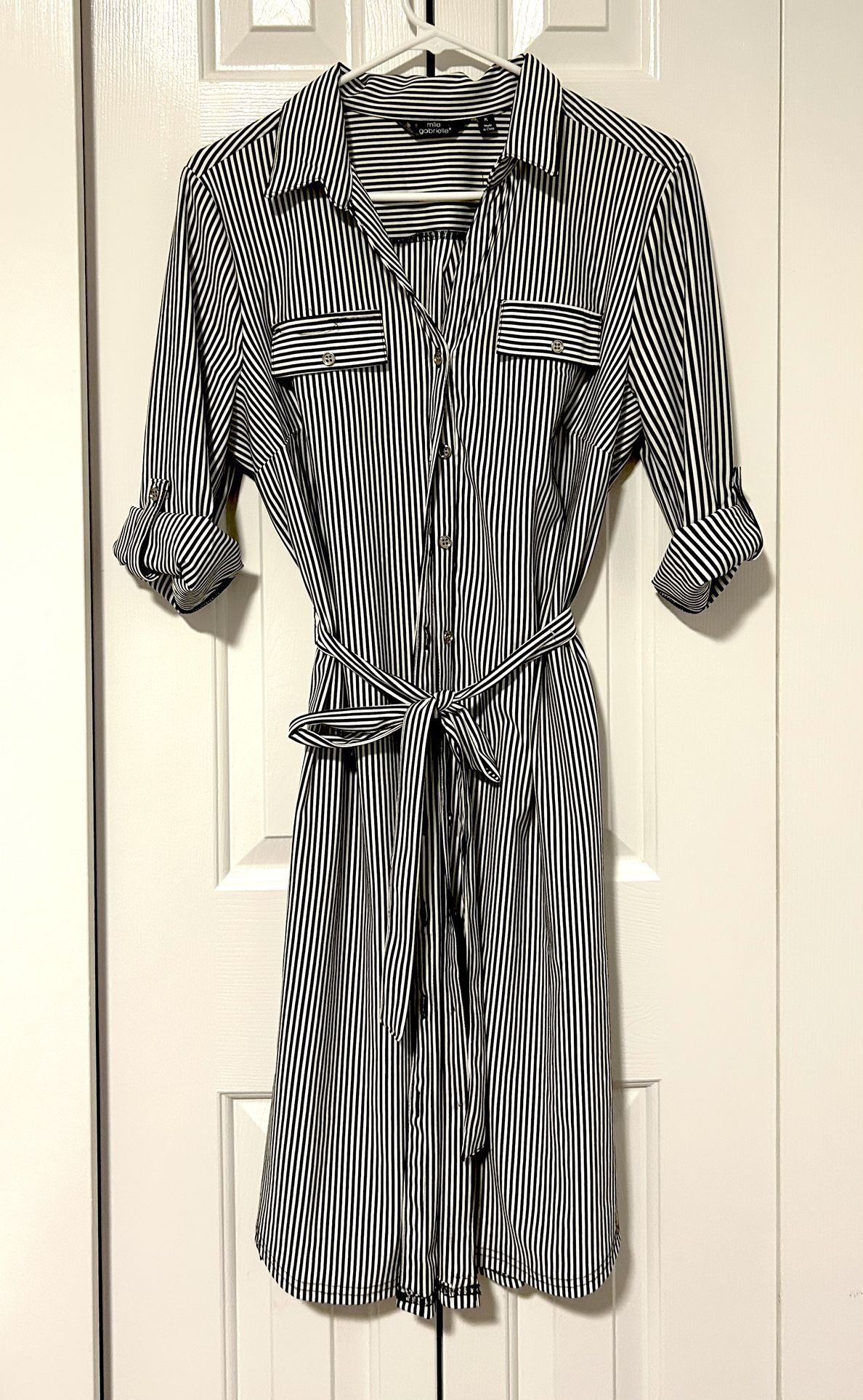 Black and white striped dress, size L. Petite. Used