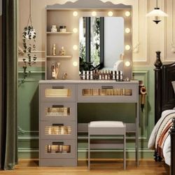 HWB Makeup Vanity Desk with Mirror and Lights,Vanity Table with 5 Drawers&2 Shelves,Vanity Set for B