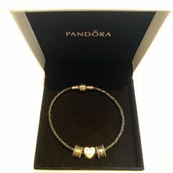 Pandora Heart woven leather bracelet sterling silver charms