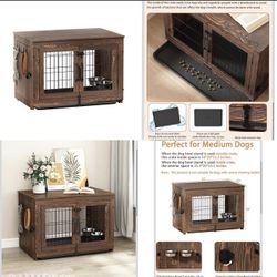 Wooden Dog Crate Furniture with 360°Rotatable Removable Dog Bowls, Dog Crate End Table with Tray, Double Doors Dog Kennels for Dogs(M:31.8" L*22.1" W*