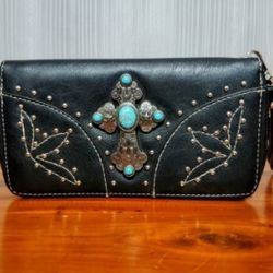 Wristlet Style Wallet W/Zipper Closure /Studded W/Turquiose Cross