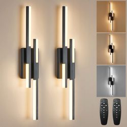 Benkut Modern LED Vanity Lights Set Of 2, Black Wall Sconce With Remote Control Dimmable Indoor Wall Light Bedside Remote Sconce For Bedroom Bathroom 