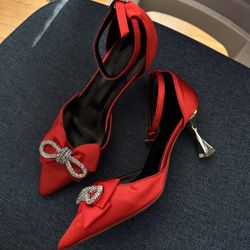 Red Satin Heels Size 8.5