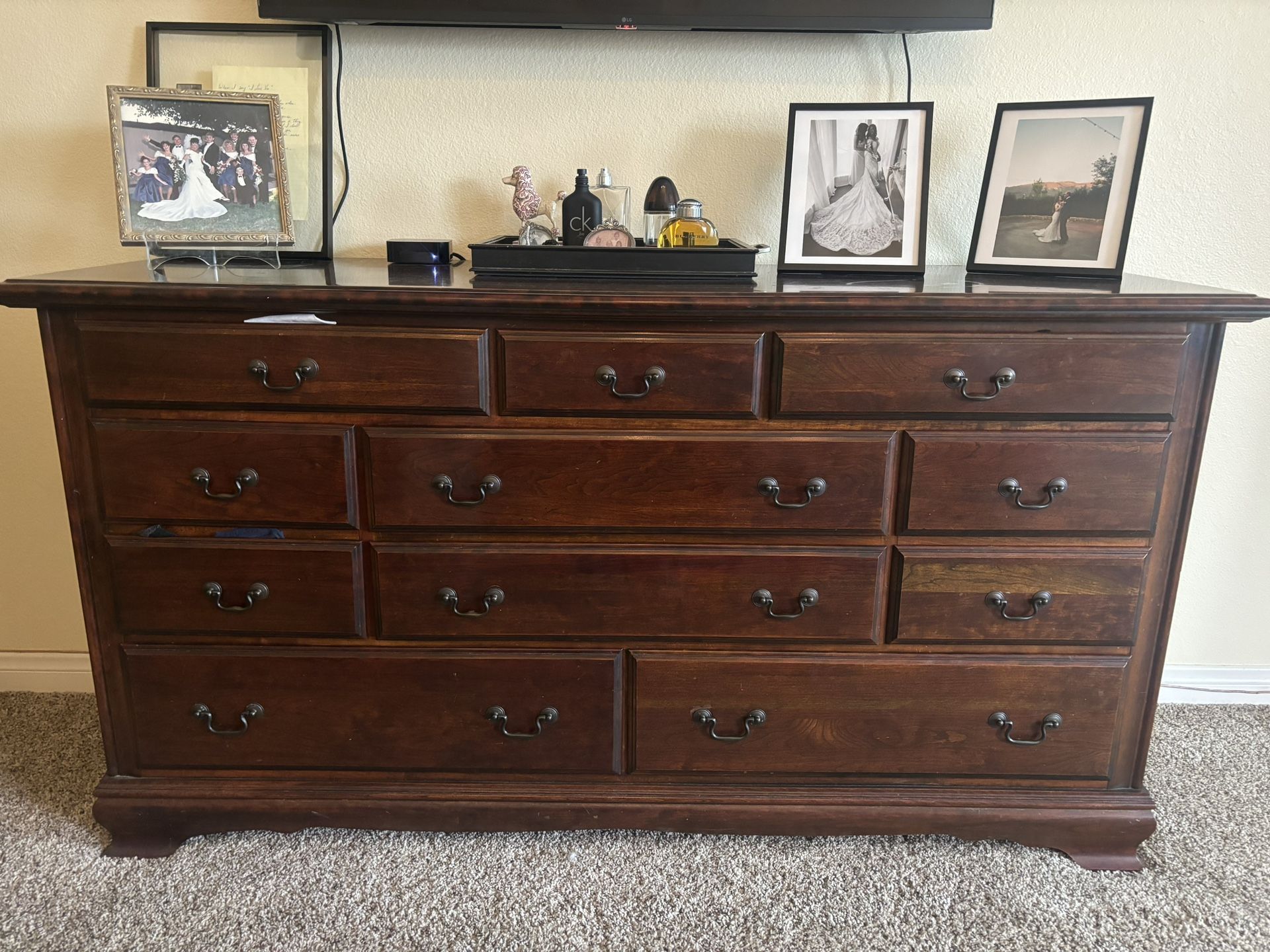 Cherrywood Dresser with Mirror & Lamps