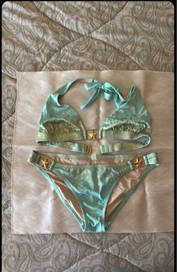 Vintage Victoria's Secret bikini, mint green with gold metallic star, Size M