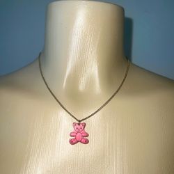 Cute Pink Wood Teddy Bear Necklace