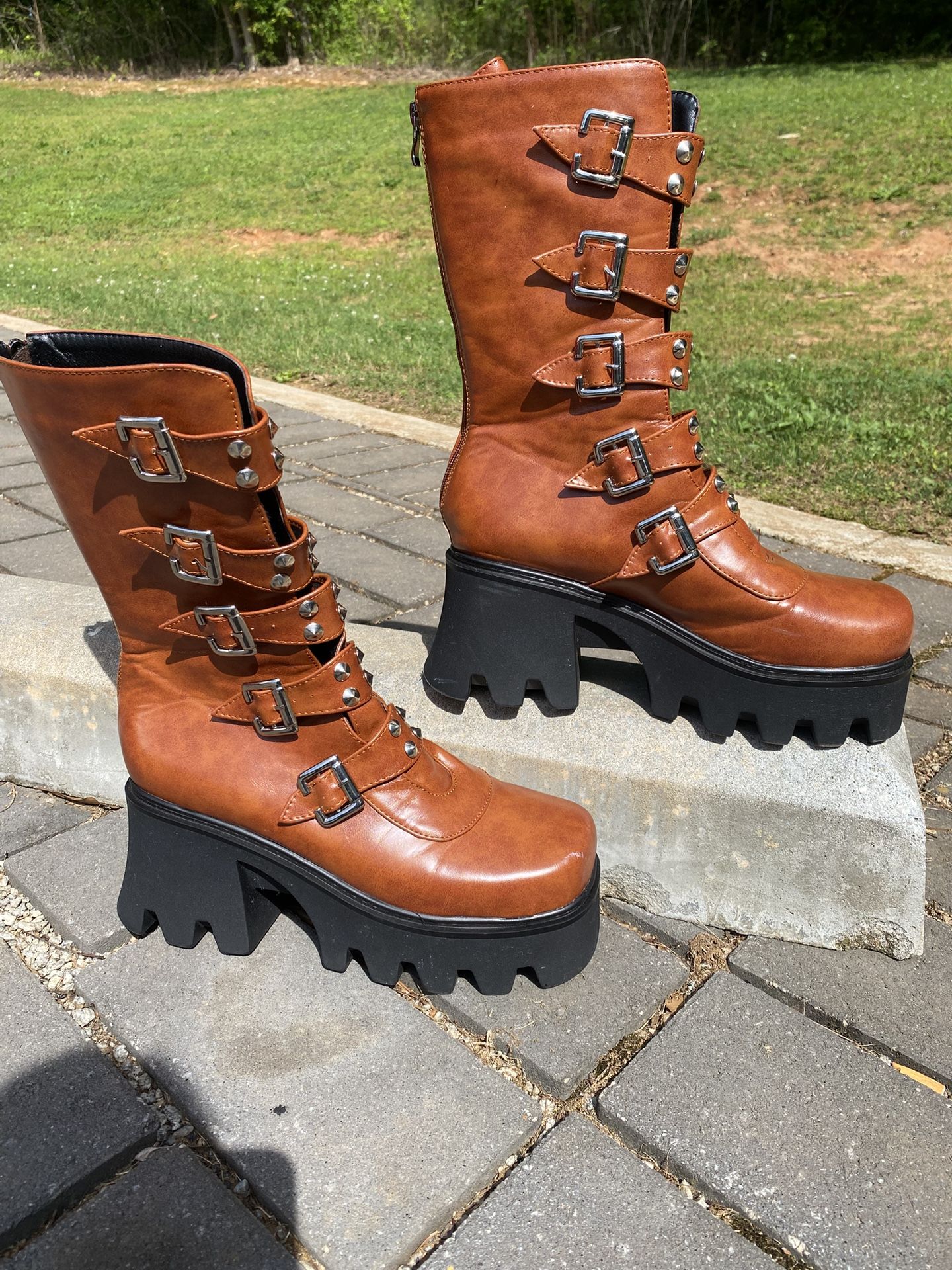 Women’s Multi Buckle Strap Platform Wedge High Heels Mid Calf Punk Boots US Size 12/UK10