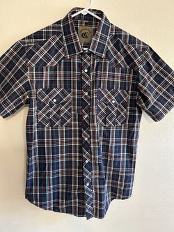 Coevals Club Men’s Shirt Short Sleeve Peral Snaps White,Blue, And Red Size Medium 