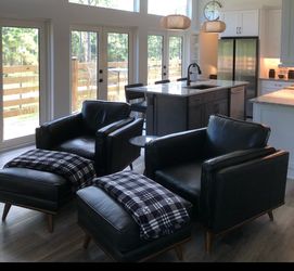Black Leather Accent Chairs with Ottomans – Set of 2